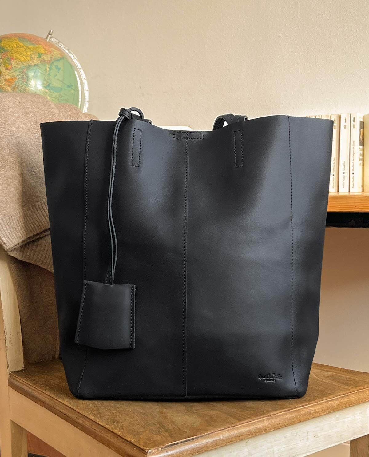 Black leather shopper top