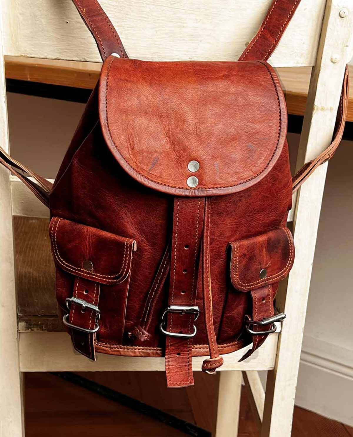 Moroccan Backpack Shoulder Bag Travel Bag Hiking Genuine Leather Fabric Red 